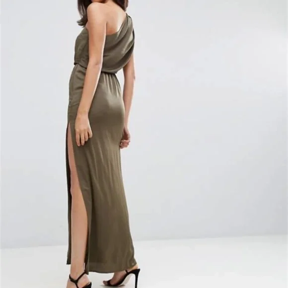 open lace back dress Asos Design One Shoulder Maxi Dress In Washed Fabric With Cut Out Waist In  Stone main image 0